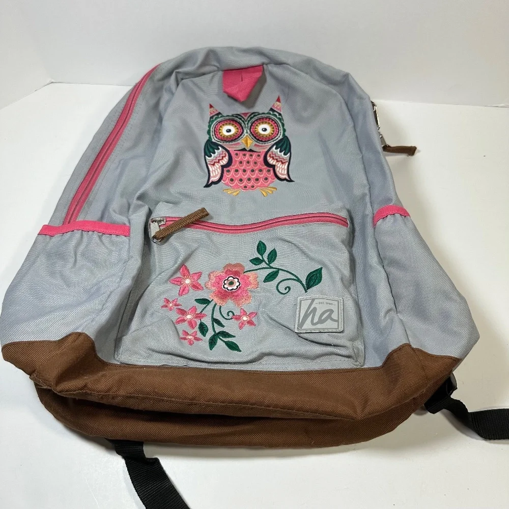 Hanna Andersson Embroidered Owl Flowers Full Size Backpack Gray Pink - Picture 1 of 12